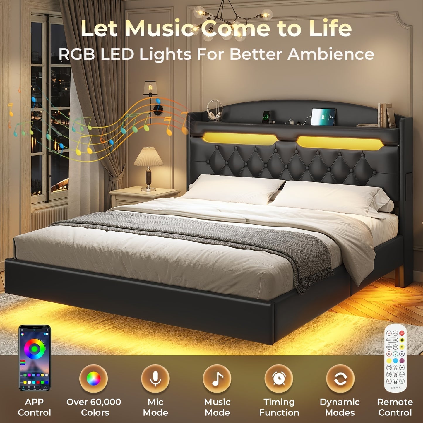 King Size Floating Bed Frame with LED Lights and Charging Station, Upholstered Leather Platform King Bed Frame with Hidden Storage Headboard, No Box Spring Needed, Black PU