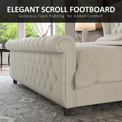 Platform Bed Frame, Chenille Upholstered Sleigh Bed with Scroll Wingback Headboard & Footboard/Button Tufted/No Box Spring Required/