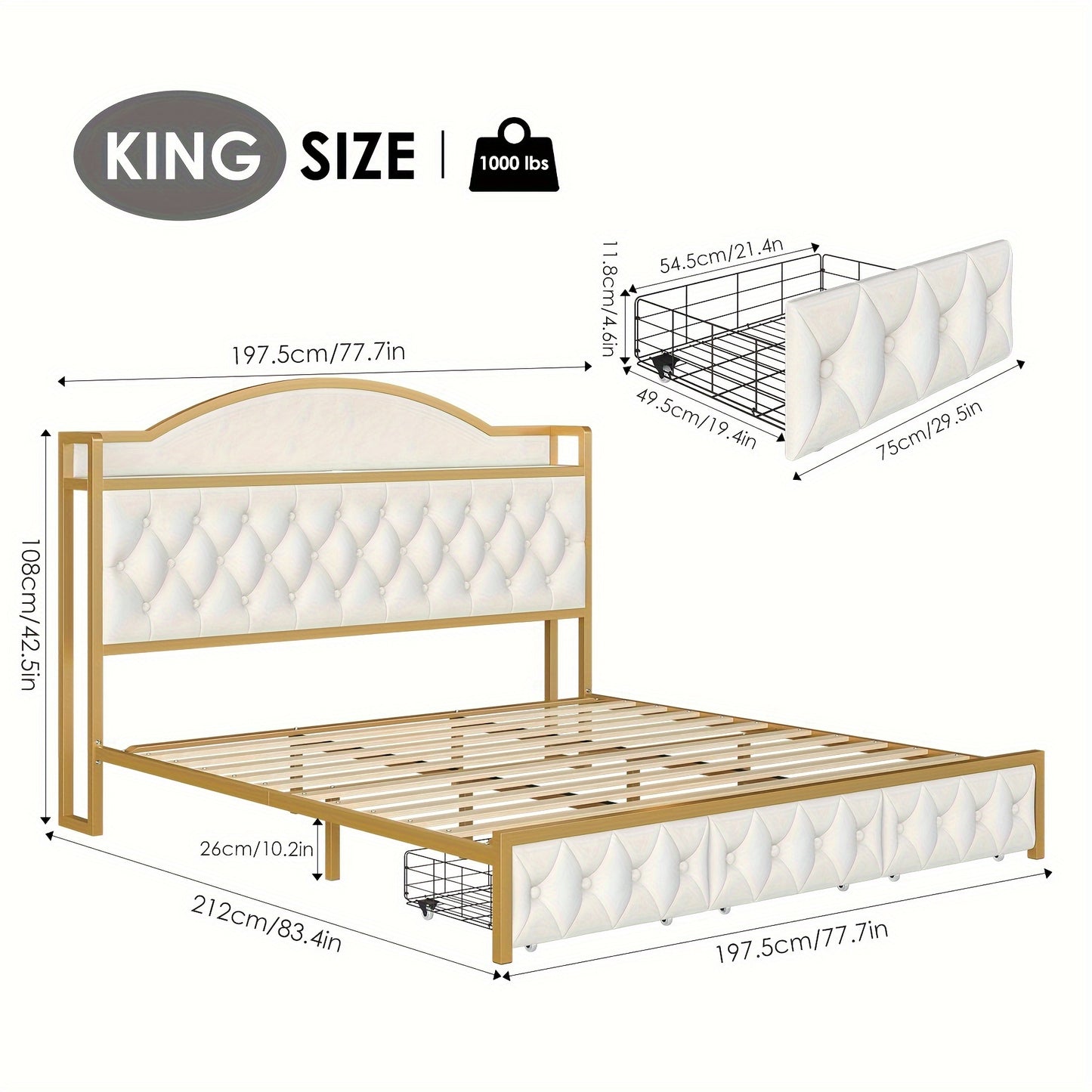 FULTRU Full/Queen/King Size Bed Frame with Storage Headboard, Platform Bed Frame with Storage Headboard, Large Storage Drawers & Charging Station, No Box Spring Needed, Noise Free (White-PU, Cream-Velvet)