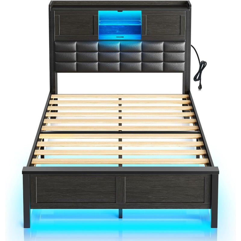 Greenstell Bed Frame Twin/Full/Queen Size with Charging Station, Bookcase Headboard Bed with LED Light and Sliding Doors, Platform Bed with Wooden Slats, No Box Spring Needed, Noise Free