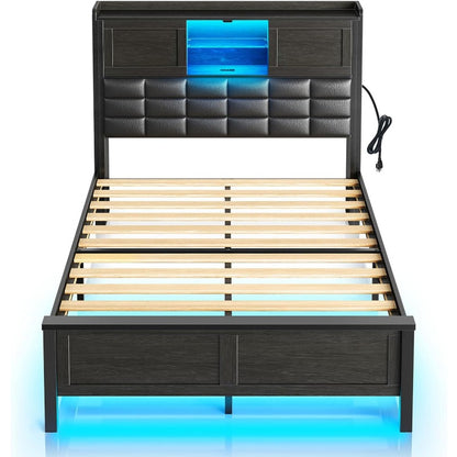 Greenstell Bed Frame Twin/Full/Queen Size with Charging Station, Bookcase Headboard Bed with LED Light and Sliding Doors, Platform Bed with Wooden Slats, No Box Spring Needed, Noise Free