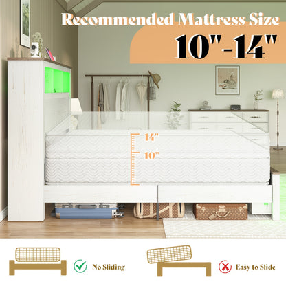 Platform Bed in Farmhouse Style Featuring a Storage Headboard And Footboard, Integrated LED Lighting, And a Charging Station - Does Not Need a Box Spring.