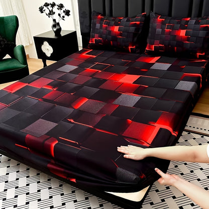 3pcs Cool Technology Digital Printing Material Plaid Fitted Sheet(1pc Bed Sheet+2pcs Pillowcase No Filling)Deep Pocket In 15 Inch At Home Dormitory Suitable for All Seasons Mattress Protector