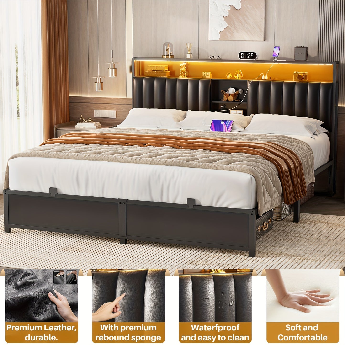 Aheaplus Queen Size Bed Frame with Charging Station & Led Lights, Platform Bed with Leather Upholstered Headboard and Storage, Metal Slats Support No Box Spring Needed, Noise-Free, Black