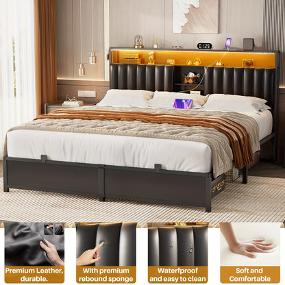 Aheaplus Queen Size Bed Frame with Charging Station & Led Lights, Platform Bed with Leather Upholstered Headboard and Storage, Metal Slats Support No Box Spring Needed, Noise-Free, Black
