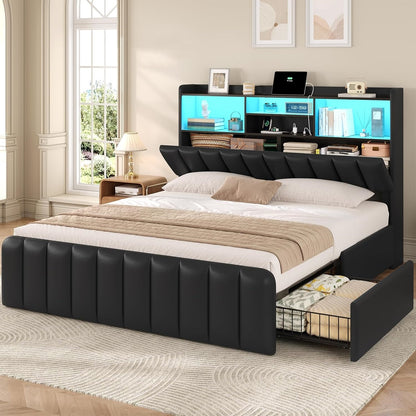 Queen Size Storage Bed Frame with LED Lights and Charging Station | Modern Upholstered Bed, Faux Leather, Bookcase Headboard, Drawers, Metal Slats, No Box Spring Needed, Black