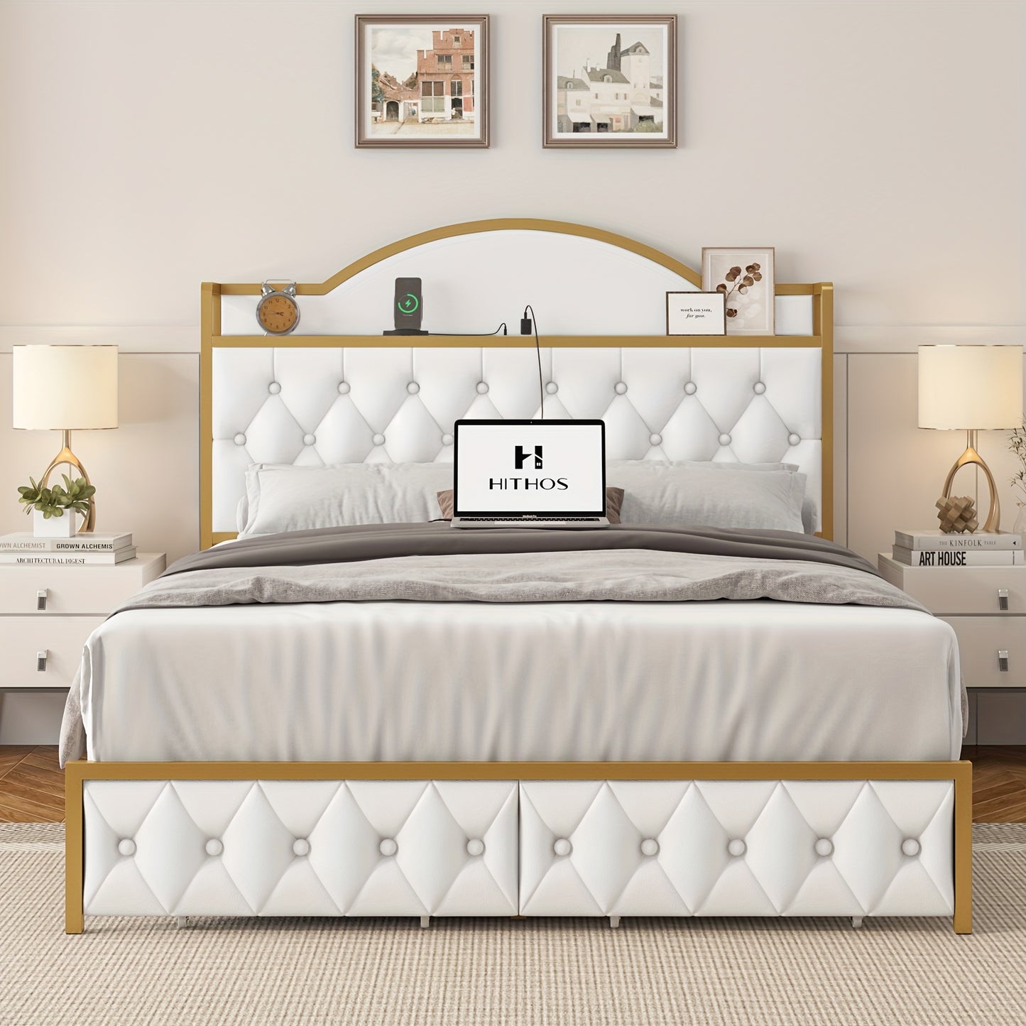 FULTRU Full/Queen/King Size Bed Frame with Storage Headboard, Platform Bed Frame with Storage Headboard, Large Storage Drawers & Charging Station, No Box Spring Needed, Noise Free (White-PU, Cream-Velvet)