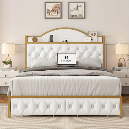 FULTRU Full/Queen/King Size Bed Frame with Storage Headboard, Platform Bed Frame with Storage Headboard, Large Storage Drawers & Charging Station, No Box Spring Needed, Noise Free (White-PU, Cream-Velvet)