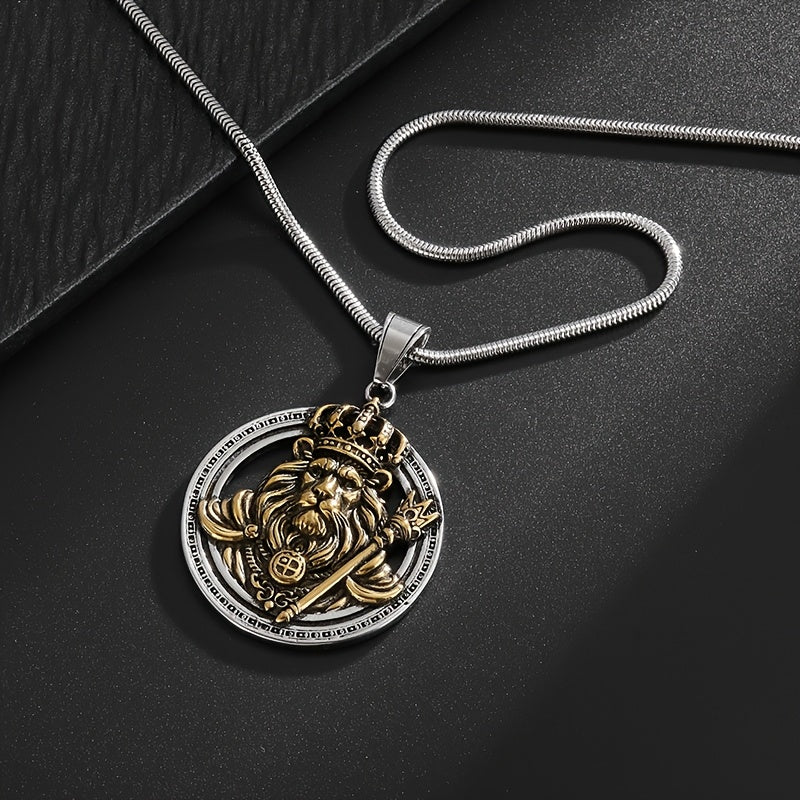 Lion King Throne Pendant - 18K Gold Plated Stainless Steel, Men's Fashion Hip Hop Necklace for Parties & Events