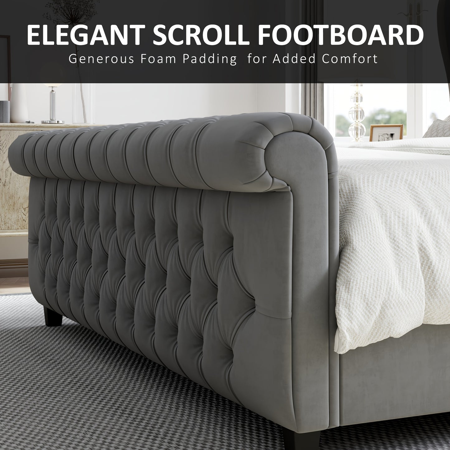 Platform Bed Frame, Chenille Upholstered Sleigh Bed with Scroll Wingback Headboard & Footboard/Button Tufted/No Box Spring Required/