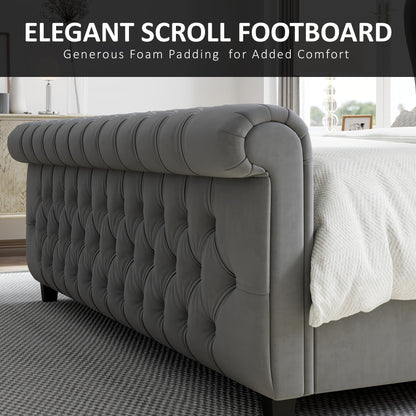 Platform Bed Frame, Chenille Upholstered Sleigh Bed with Scroll Wingback Headboard & Footboard/Button Tufted/No Box Spring Required/