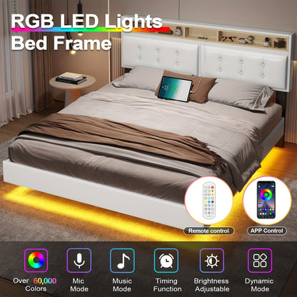 Queen/King Floating Bed Frame With LED Lights&USB Ports, Linen Queen/King Floating Platform Bed With Storage Headboard, No Box Spring Needed, Beige