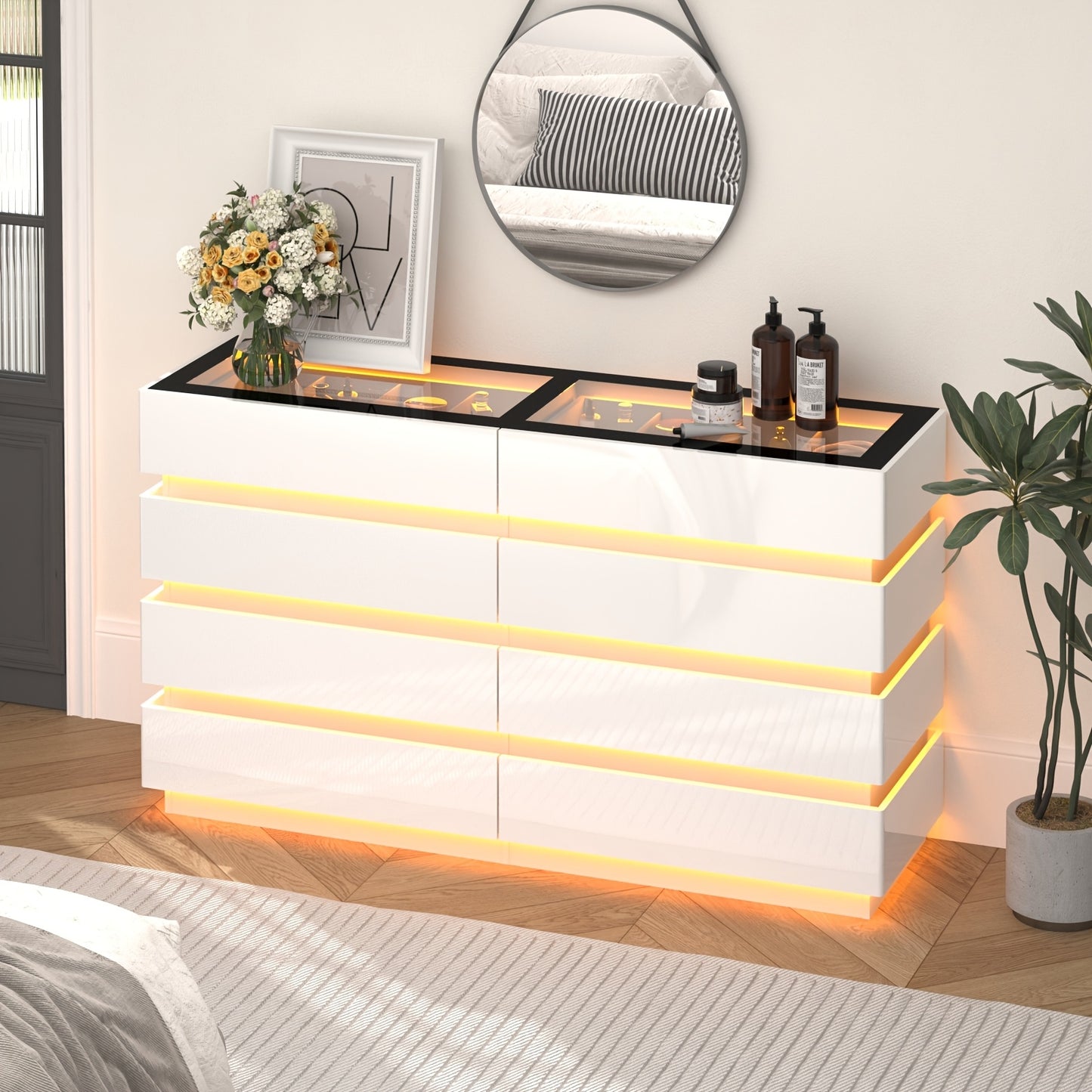 Modern 8-Drawer Dresser with Glass Top, High Gloss White Chest of Drawers, RGB LED Illumination, Wood-Based Panel & Hardwood Jewelry Display, with Closed Storage <3.2 Cubic Feet, for Bedroom, Living Room - US Plug, 110-130V