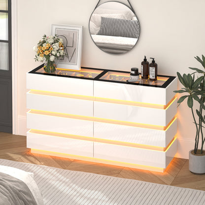 Modern 8-Drawer Dresser with Glass Top, High Gloss White Chest of Drawers, RGB LED Illumination, Wood-Based Panel & Hardwood Jewelry Display, with Closed Storage <3.2 Cubic Feet, for Bedroom, Living Room - US Plug, 110-130V