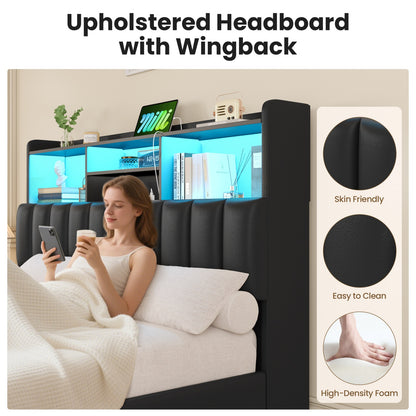 Queen Size Storage Bed Frame with LED Lights and Charging Station | Modern Upholstered Bed, Faux Leather, Bookcase Headboard, Drawers, Metal Slats, No Box Spring Needed, Black