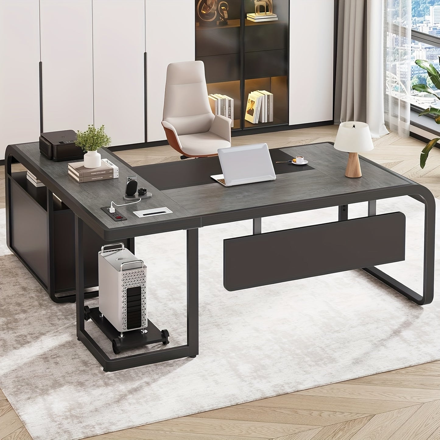 Modern 63" L-Shaped Executive Desk with Mobile CPU Stand, File Cabinet & Drawers - Spacious Gray Metal Office Desk for Home, Workspace Storage & Charging Station, Adjustable Height, Minimalist Design, Workspace Furniture | Mo