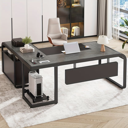 Modern 63" L-Shaped Executive Desk with Mobile CPU Stand, File Cabinet & Drawers - Spacious Gray Metal Office Desk for Home, Workspace Storage & Charging Station, Adjustable Height, Minimalist Design, Workspace Furniture | Mo