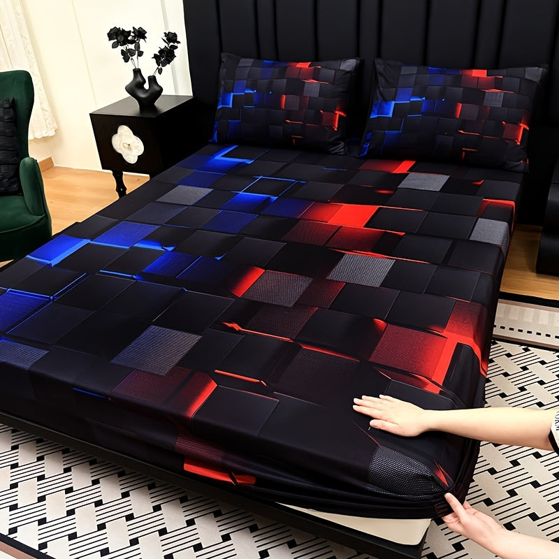 3pcs Cool Technology Digital Printing Material Plaid Fitted Sheet(1pc Bed Sheet+2pcs Pillowcase No Filling)Deep Pocket In 15 Inch At Home Dormitory Suitable for All Seasons Mattress Protector