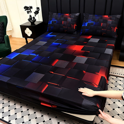 3pcs Cool Technology Digital Printing Material Plaid Fitted Sheet(1pc Bed Sheet+2pcs Pillowcase No Filling)Deep Pocket In 15 Inch At Home Dormitory Suitable for All Seasons Mattress Protector