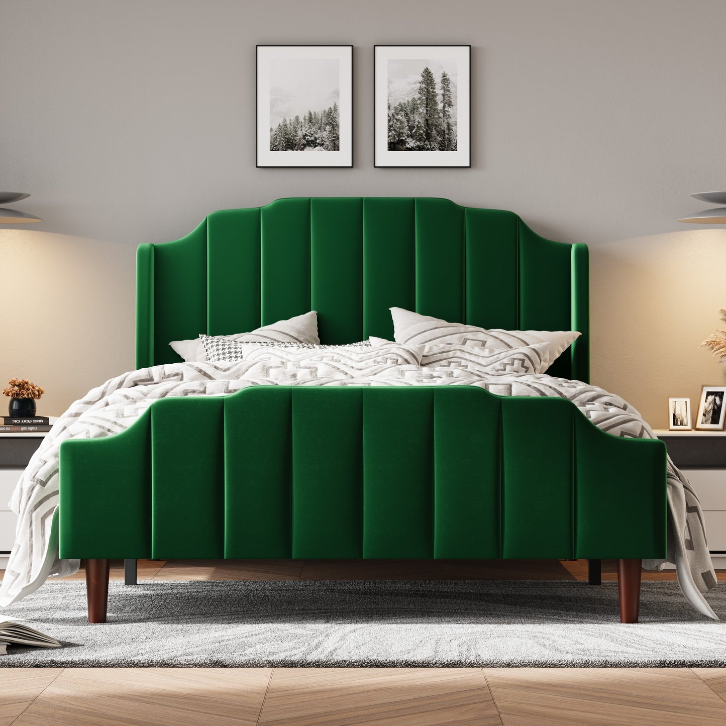 HOOMIC Velvet Queen Size Bed Frame With Wingback Headboard