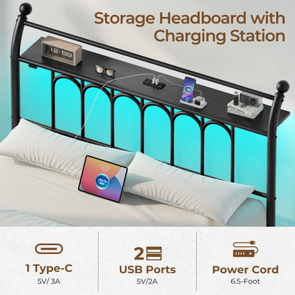 Classic Metal Platform Bed Frame with Victorian Style Iron-Art Headboard/Footboard/Under Bed Storage/No Box Spring Needed