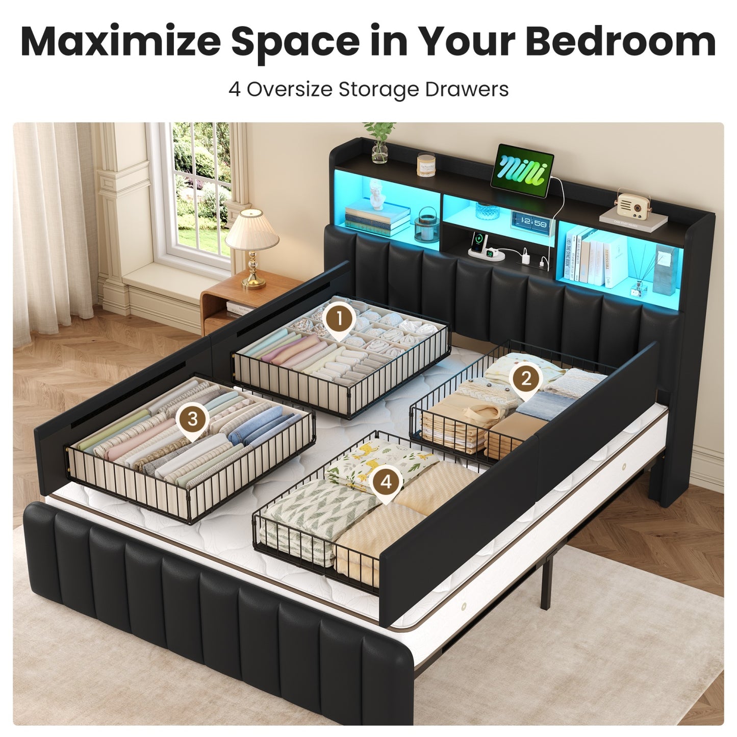 Queen Size Storage Bed Frame with LED Lights and Charging Station | Modern Upholstered Bed, Faux Leather, Bookcase Headboard, Drawers, Metal Slats, No Box Spring Needed, Black