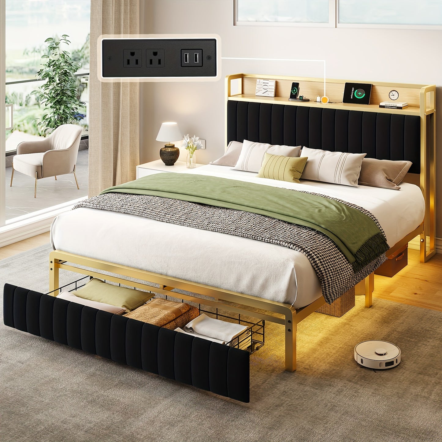 PaPaJet Upholstered Bed Frame with Sensor Light, Storage Headboard Bed with Drawer & Charging Station, No Box Spring Needed