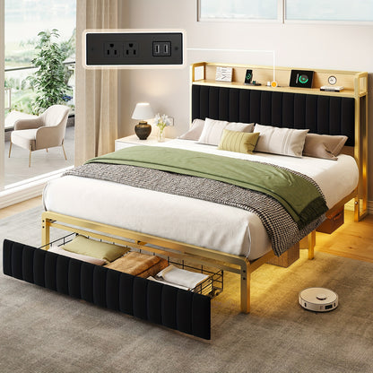 PaPaJet Upholstered Bed Frame with Sensor Light, Storage Headboard Bed with Drawer & Charging Station, No Box Spring Needed