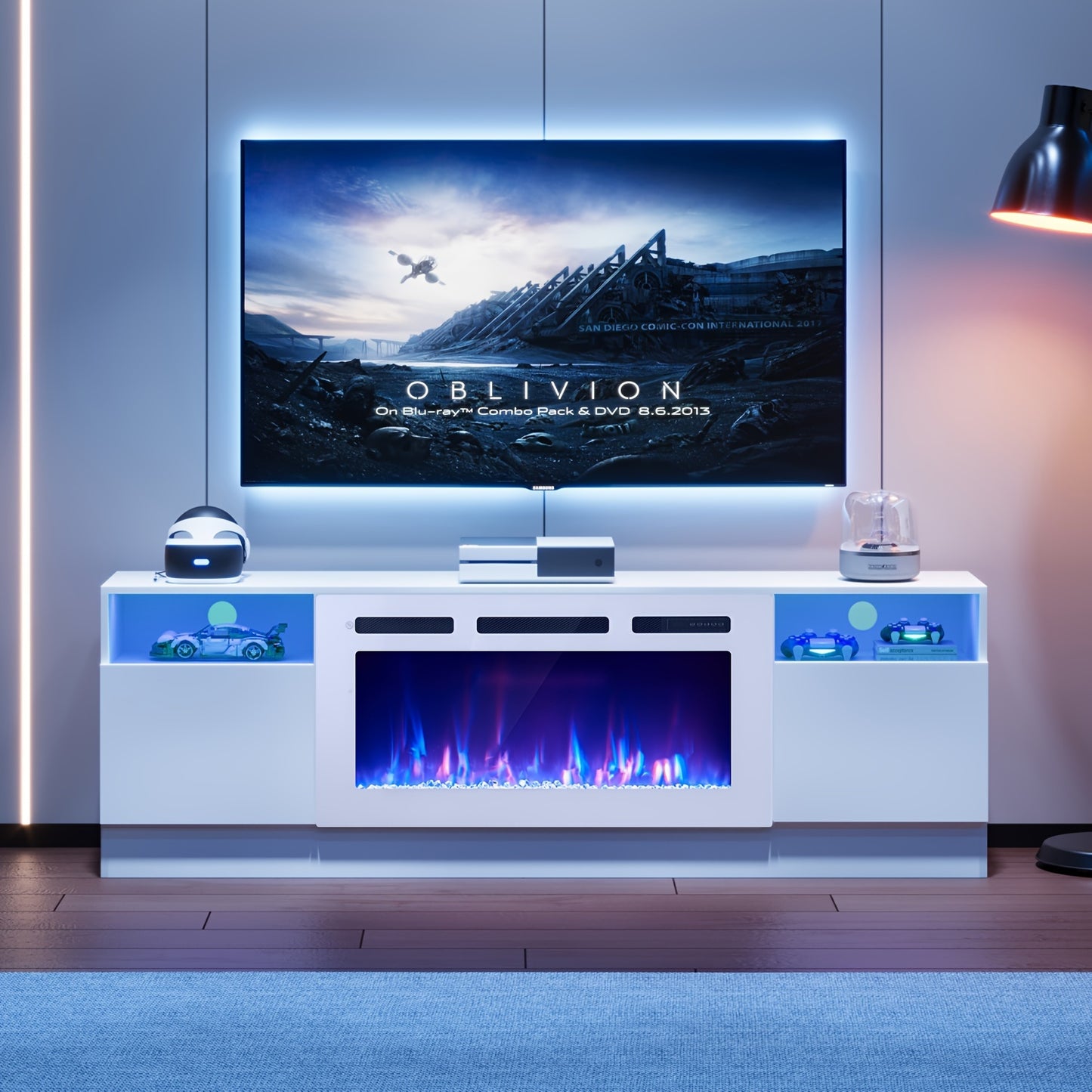 Fireplace TV Stand With 36" Electric Fireplace, Modern Electric Fireplace Entertainment Center With LED Lights For TVs Up To 80", 2 Tier TV Console Cabinet For Living Room, White