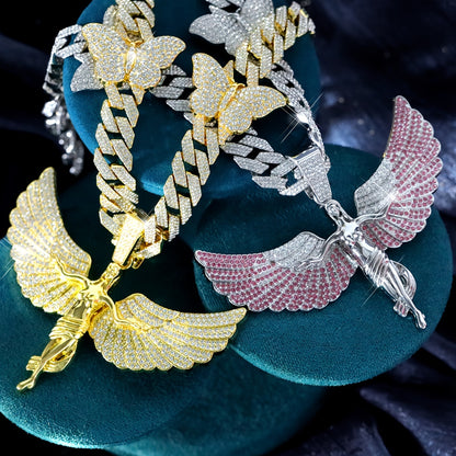 Glamorous Rhinestone Angel Winged Goddess Pendant Necklace with Butterfly - Unisex Zinc Alloy Cuban Chain for Party, Street Style, Night Club - Hip Hop Rapper Jewelry, Thanksgiving and Christmas Gift