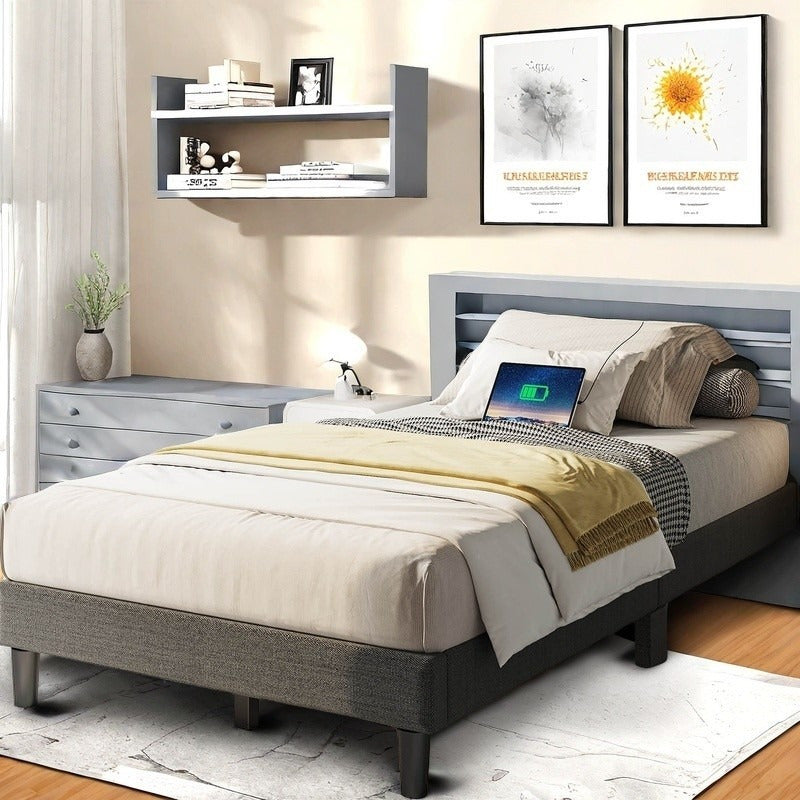 Twin/Full/Queen/King Size Platform Bed Frame with Fabric Upholstered Headboard and Wooden Slats Support, Leather Upholstered Headboard, and Built-in Charging Station, Upholstered Mattress Foundation/No Box Spring Needed/Easy