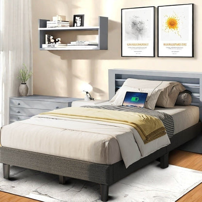 Twin/Full/Queen/King Size Platform Bed Frame with Fabric Upholstered Headboard and Wooden Slats Support, Leather Upholstered Headboard, and Built-in Charging Station, Upholstered Mattress Foundation/No Box Spring Needed/Easy