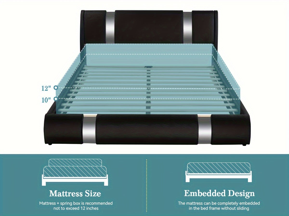 HOOMIC Modern Faux Leather Bed Frame With Iron Pieces Decor, Low Profile Platform Bed With Height-Adjustable Headboard, Solid Wood Slat Support, No Box Spring Needed