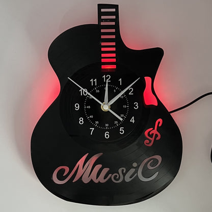 [Unique Vinyl Record Wall Clock] Unique Vinyl Record LED Wall Clock - Guitar-Shaped, Musical Theme, Irregular Shape, Flat Crown, Digital Display, Battery Operated (AA Not Included) - Ideal for Living Room, Bedroom, Office, Mu