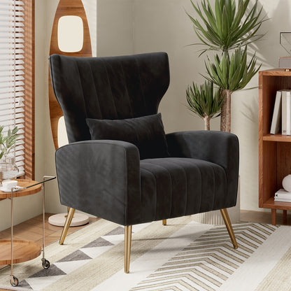 Modern Velvet Accent Chair with Metal Legs and Head Support – Cozy Mid-Century Reading Armchair, Includes Cushion and Footrest, Available in Gray/Yellow/Black