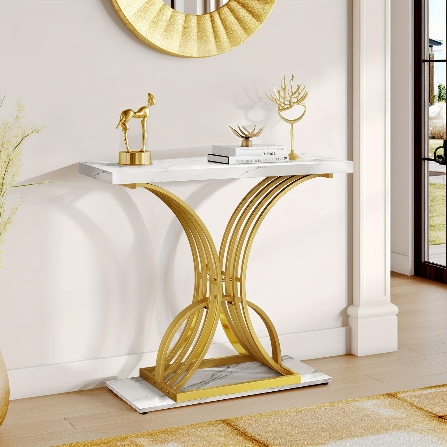 Xelsyo DEXTRUS 39" Console End Table with Faux Marble Top, Side Table for Living Room, Entryway, Gold