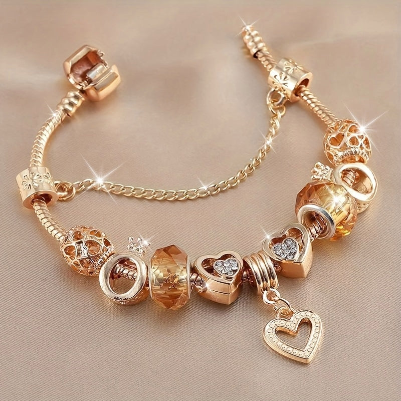 1PC Alloy Exquisite Golden Bracelet Diy Color Preserving Plating Fashionable Love Beads Charm Bracelet Valentine's Day Gift Jewelry Accessories