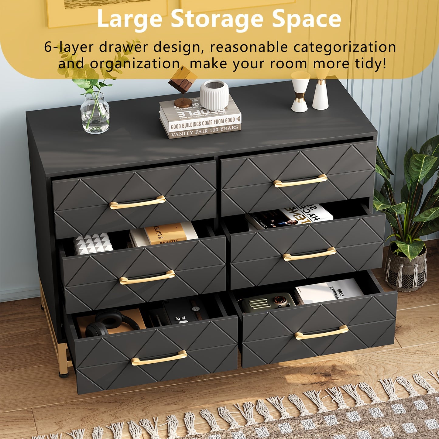 6-Drawer Dresser TV Stand - Wood Chest with Metal Handles