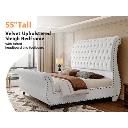 Elegant Velvet Sleigh Bed with Scrolled Headboard & Footboard - Button-Tufted, No Box Spring Needed