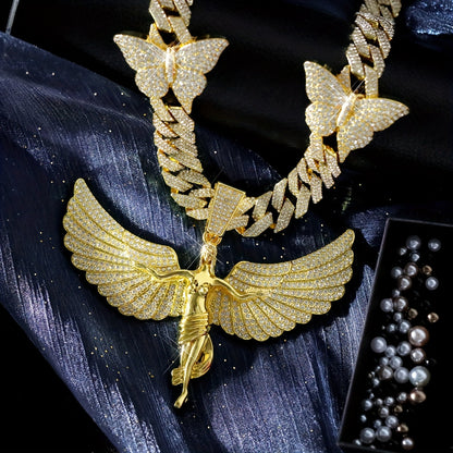 Glamorous Rhinestone Angel Winged Goddess Pendant Necklace with Butterfly - Unisex Zinc Alloy Cuban Chain for Party, Street Style, Night Club - Hip Hop Rapper Jewelry, Thanksgiving and Christmas Gift