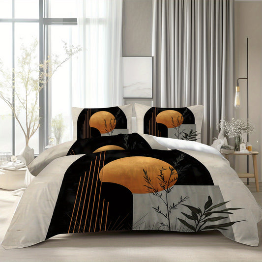 Latacaca 3pcs Modern Geometric Botanical Duvet Cover Set, 1 Quilt Cover + 2 Pillowcases, All Seasons Bedroom Setting, Perfect for Home and Dorm Decor, Soft and Machine Washable