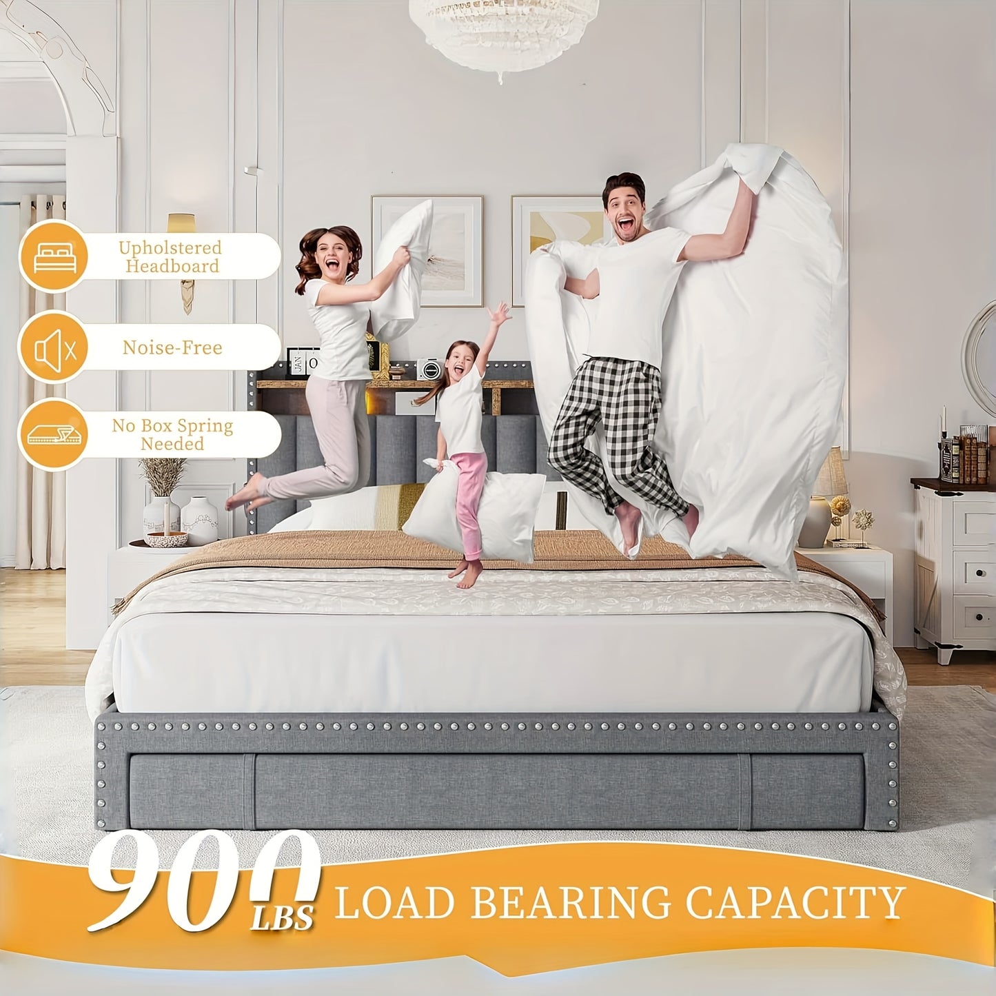 ENHOMEE King Size Upholstered Storage Bed with 3 Drawers & 2-Tier Nightstand Shelves - Modern Platform Bed Frame, Quick Assembly, Metal Frame, Contemporary Style