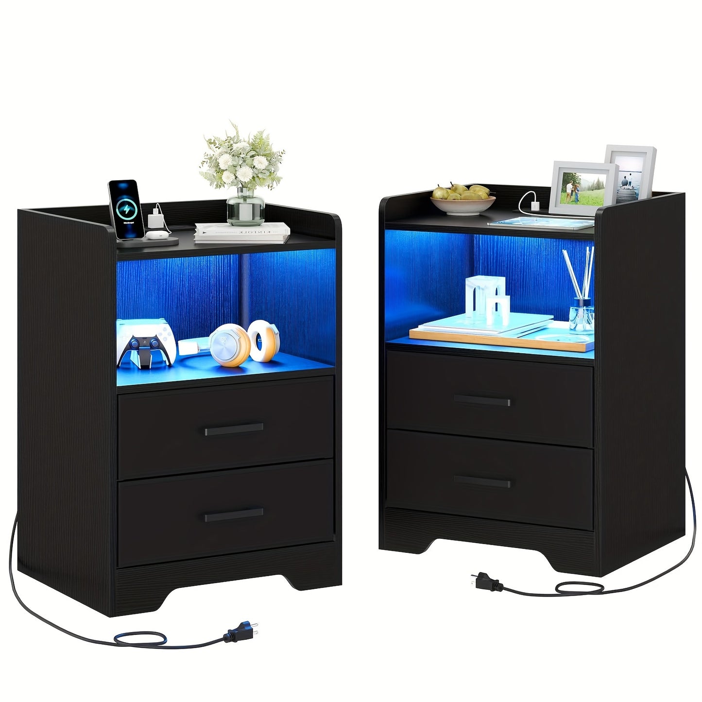 2pcs Black Nightstand with Storage Drawers for Bedroom, Modern Bedside Table Nightstands with Charging Station and LED Lights