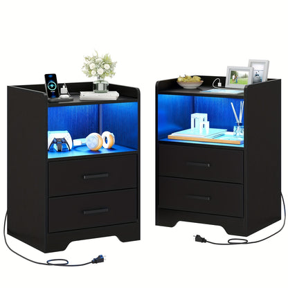 2pcs Black Nightstand with Storage Drawers for Bedroom, Modern Bedside Table Nightstands with Charging Station and LED Lights