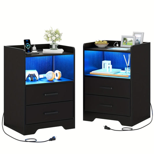 2pcs Black Nightstand with Storage Drawers for Bedroom, Modern Bedside Table Nightstands with Charging Station and LED Lights