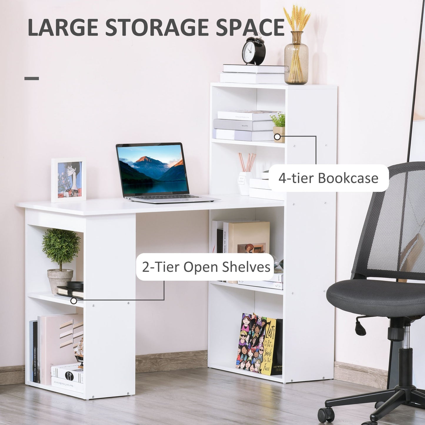 HOMCOM Modern Home Office Desk with 6-Tier Storage Shelves, 47" Writing Table with Bookshelf