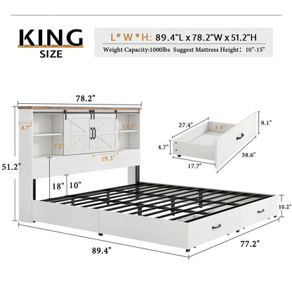 Farmhouse-Style Wooden Platform Bed Frame Boasting a 51.2" Bookcase Headboard, Integrated Storage with a Sliding Barn Door Charging Station and 2 Drawers - No Box Spring Required, Totally Noise-Free