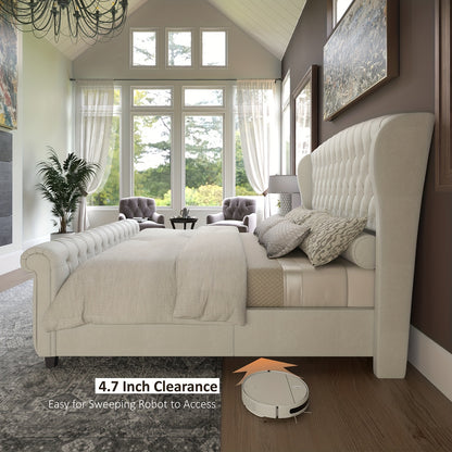 Platform Bed Frame, Chenille Upholstered Sleigh Bed with Scroll Wingback Headboard & Footboard/Button Tufted/No Box Spring Required/