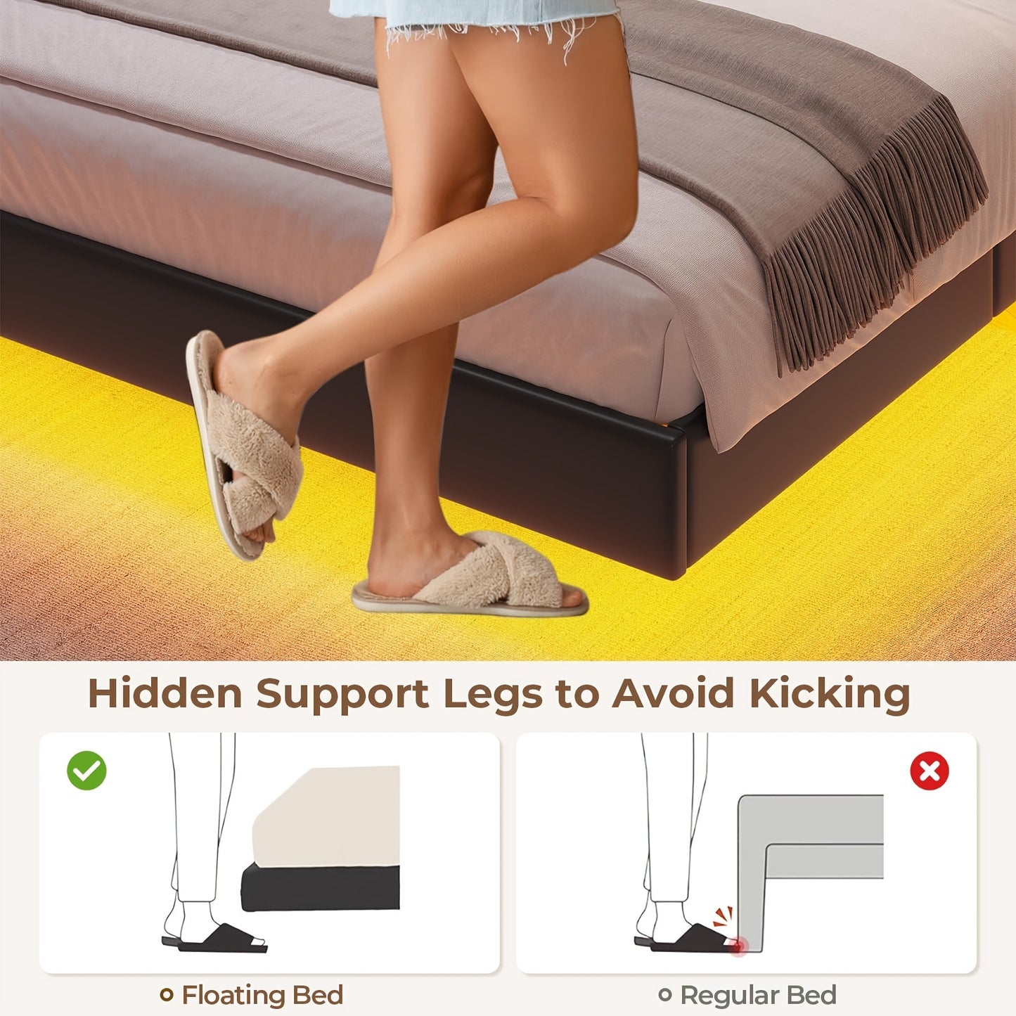 King Size Floating Bed Frame with LED Lighting and Tufted Upholstered Headboard, Hidden Storage, Plug Powered, Metal Construction, Contemporary Style, No Box Spring Needed, US Plug, Black PU