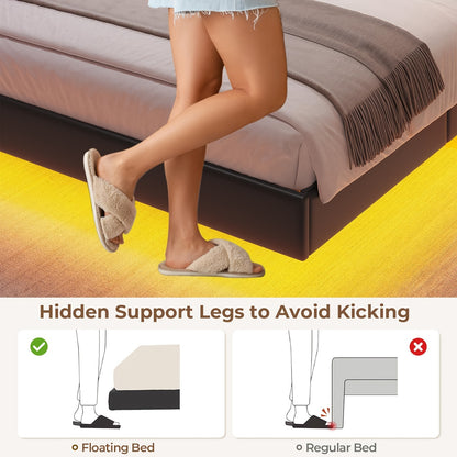 King Size Floating Bed Frame with LED Lighting and Tufted Upholstered Headboard, Hidden Storage, Plug Powered, Metal Construction, Contemporary Style, No Box Spring Needed, US Plug, Black PU